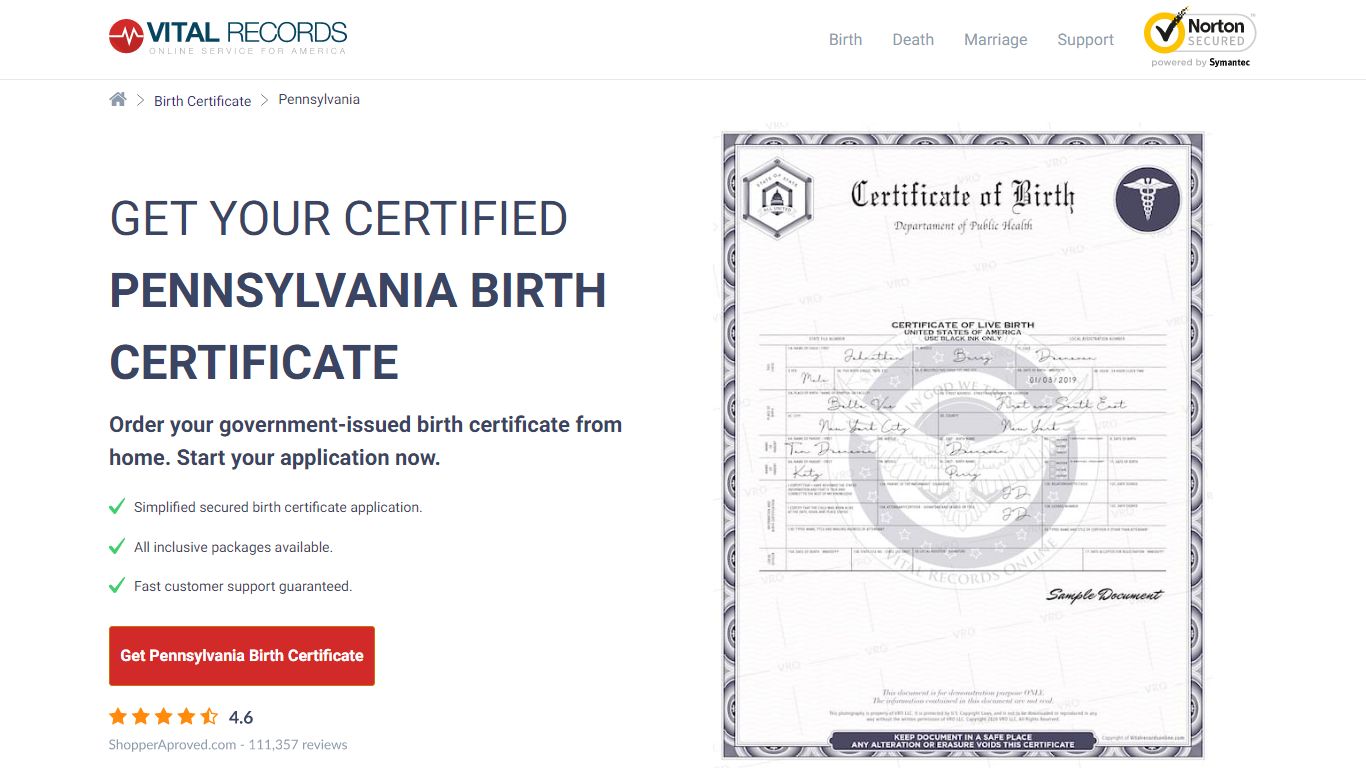 Official Pennsylvania Birth Certificate | Birth Records Copy